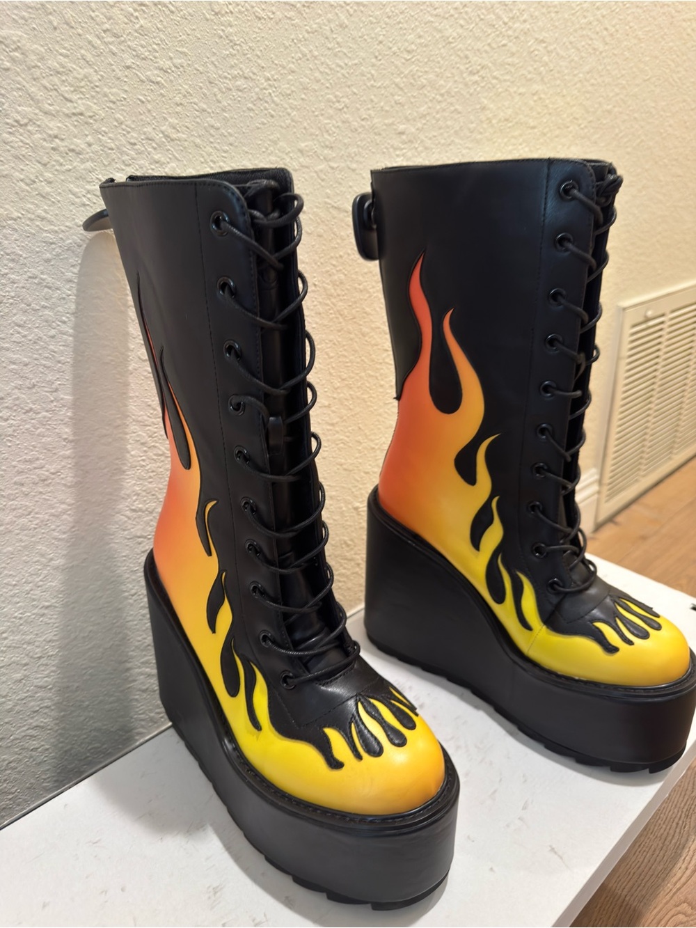 YRU Dune Flame Platform Boots with Yellow-Orange Flame